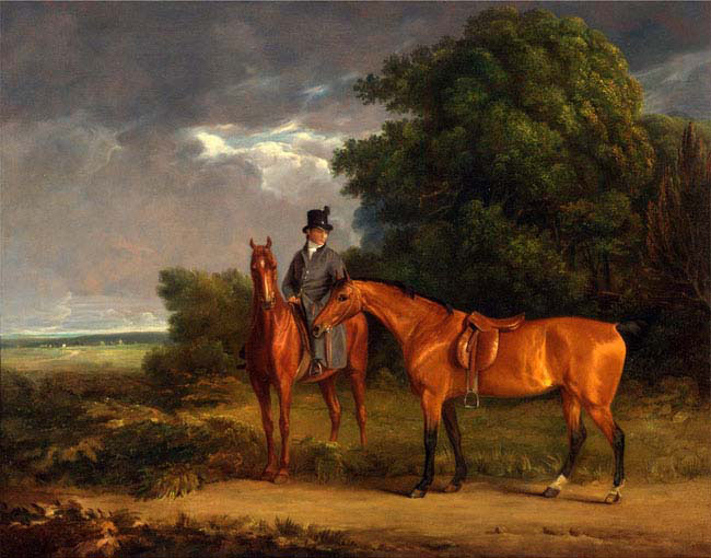 groom mounted on a chestnut hunter he holds a bay hunter